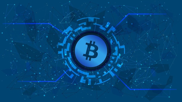 Símbolo de token de Bitcoin en un círculo digital con un tema de criptomoneda en un fondo azul Icono de moneda BTC Oro digital para sitio web o banner Espacio de copia Vector EPS10