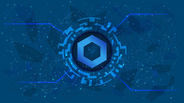 Símbolo de token de ChainLink del proyecto DeFi en un círculo digital con un tema de criptomoneda en un fondo azul Icono de criptomoneda de enlace Programas financieros descentralizados Copiar espacio Vector EPS10