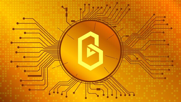 Símbolo de token de criptomoneda band protocol del proyecto defi en círculo con pistas de pcb sobre fondo dorado icono de moneda programas financieros descentralizados vector eps10