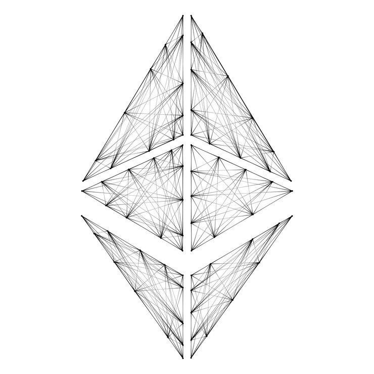 Vector símbolo de token de criptomoneda ethereum eth, icono de moneda negra poligonal lineal aislado sobre fondo blanco. elemento de diseño para sitio web o banner. ilustración vectorial.