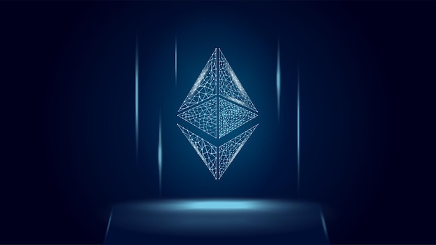 Símbolo de token de criptomoneda Ethereum ETH, icono de moneda sobre fondo oscuro de estructura metálica poligonal. Oro digital para sitio web o banner. Eps10 vectorial.