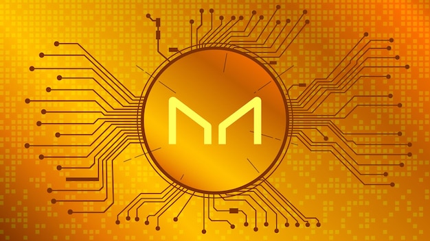 Símbolo de token de criptomoneda Maker MKR del proyecto DeFi en círculo con pistas de PCB sobre fondo dorado. Icono de moneda. Programas financieros descentralizados. Eps10 vectorial.