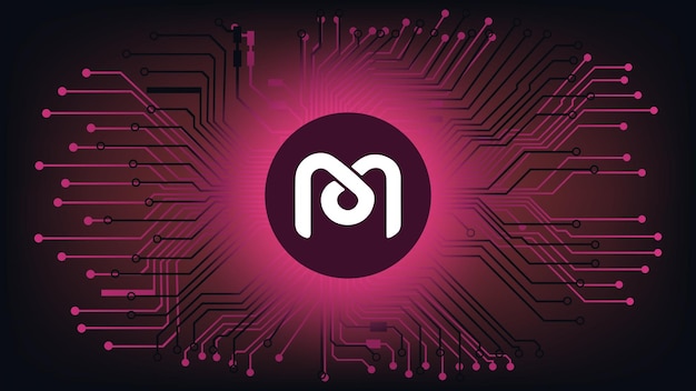 Símbolo de token de criptomoneda Mdex MDX del proyecto DeFi en círculo sobre fondo digital abstracto con pistas de pcb Icono de moneda de moneda Programas financieros descentralizados Ilustración vectorial