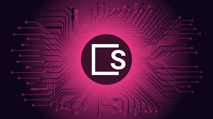 Vector símbolo de token de criptomoneda skale skl icono de moneda en círculo con pcb sobre fondo rojo ilustración vectorial en estilo techno para sitio web o banner