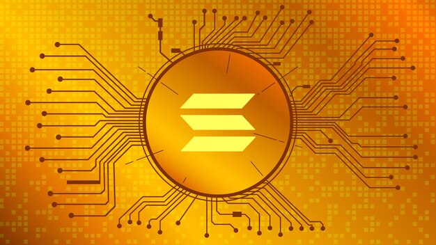 Símbolo de token de criptomoneda Solana SOL en círculo con pistas de PCB sobre fondo dorado. Icono de moneda de moneda. Ilustración vectorial.