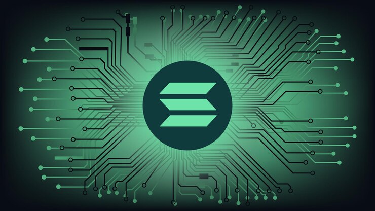 Vector símbolo de token de criptomoneda solana sol en círculo sobre fondo digital abstracto con pistas de pcb. icono de moneda de moneda. ilustración vectorial.