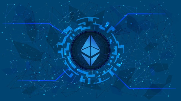 Símbolo de token de Ethereum, icono de moneda ETH, en un círculo digital con un tema de criptomoneda sobre un fondo azul. Oro digital en estilo futurista para sitio web o banner. Copie el espacio. Eps10 vectorial.