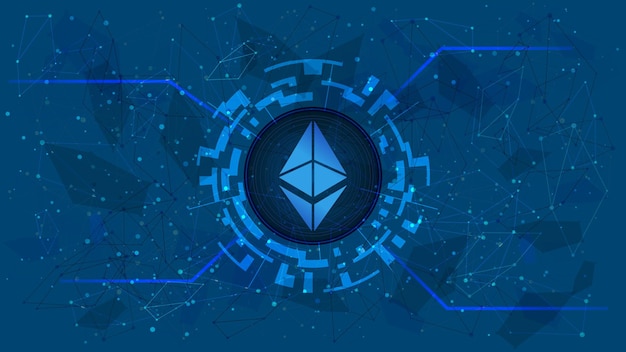 Símbolo de token de ethereum, icono de moneda eth, en un círculo digital con un tema de criptomoneda sobre un fondo azul. oro digital en estilo futurista para sitio web o banner. copie el espacio. eps10 vectorial.