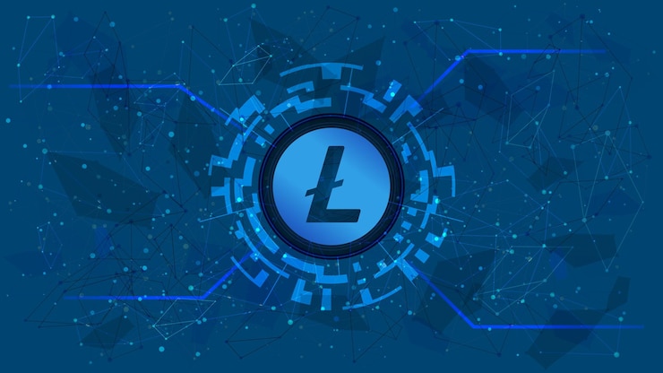 Vector símbolo de token de litecoin icono de moneda ltc en un círculo digital con un tema de criptomoneda en un fondo azul oro digital en estilo futurista para sitio web o banner copiar espacio vector eps10