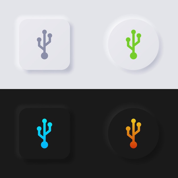 Símbolo USB Conjunto de iconos, botón de neumorfismo multicolor Diseño de interfaz de usuario suave para diseño web.