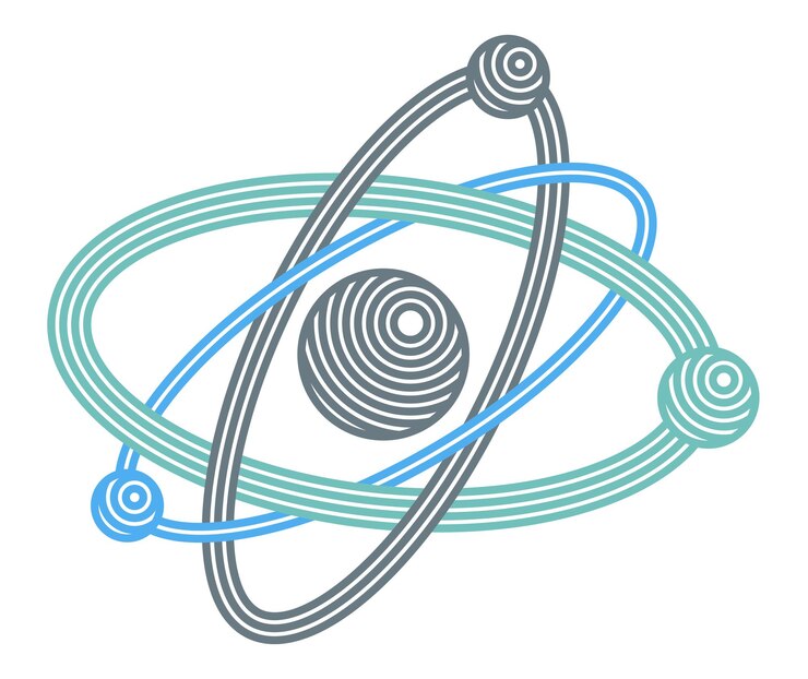 Vector símbolo de vector de átomo en estilo lineal moderno aislado en blanco, icono de ciencia o logotipo de partícula elemental, tema de aprendizaje de educación física.