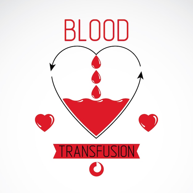 Símbolo vectorial del concepto de donación de sangre y transfusión de sangre creado con forma de corazón rojo con flechas y gotas de sangre. tema de hematología, emblema de diseño de tratamiento médico.