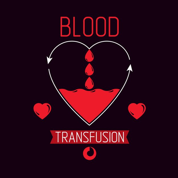 Símbolo vectorial del concepto de donación de sangre y transfusión de sangre creado con forma de corazón rojo con flechas y gotas de sangre. Tema de hematología, emblema de diseño de tratamiento médico.