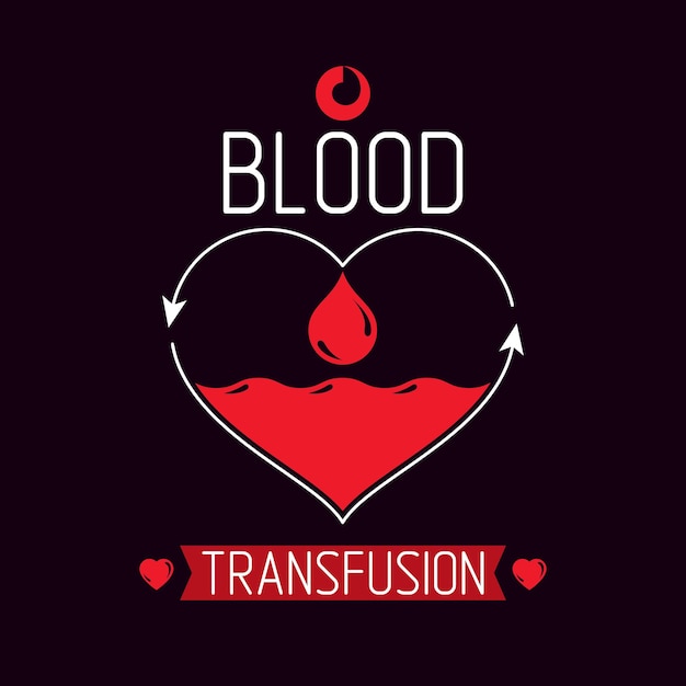 Símbolo vectorial del concepto de donación de sangre y transfusión de sangre creado con forma de corazón rojo con flechas y gotas de sangre. tema de hematología, emblema de diseño de tratamiento médico.