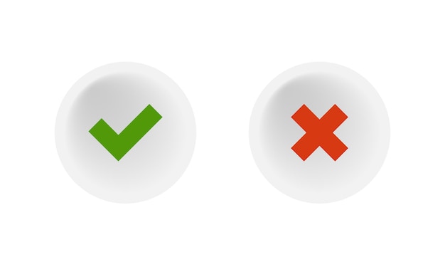 Símbolo de verificación aprobado y marca cruzada Vector de etiqueta de botón blanco realista