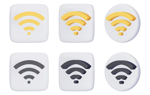 Símbolo de wi-fi 3d conexión de red inalámbrica realista y signo de red renderizado en 3d ilustraciones vectoriales amarillas y negras aisladas sobre un fondo blanco