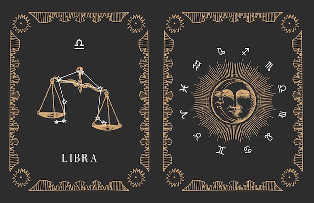 Vector símbolo del zodiaco libra en tarjeta de horóscopo antiguo vector