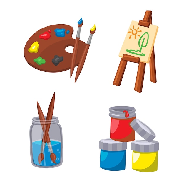 símbolos aficiones creativas de los niños pinceles caballete pinturas dibujadas a mano ilustración vectorial