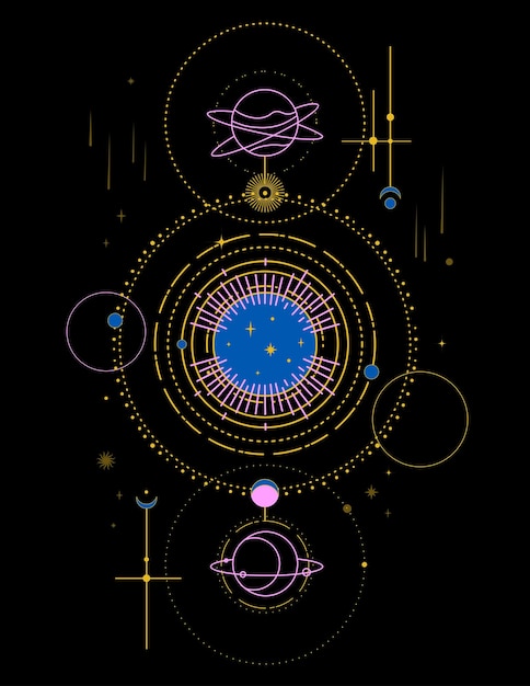 Símbolos alquímicos celestiales esotéricos ocultos en un fondo negro Cartel mágico
