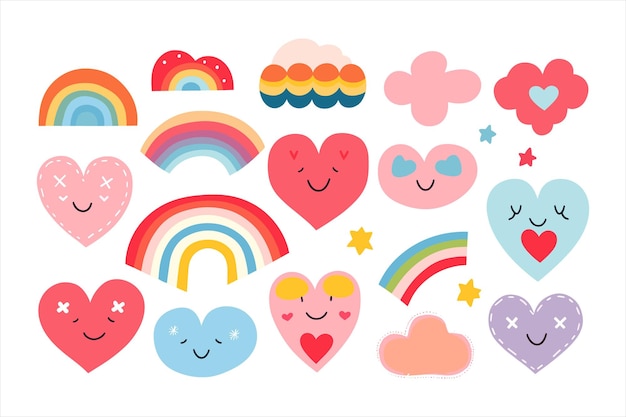 Símbolos de amor LGBT para el Día de San Valentín Conjunto colorido e ilustraciones inclusivas