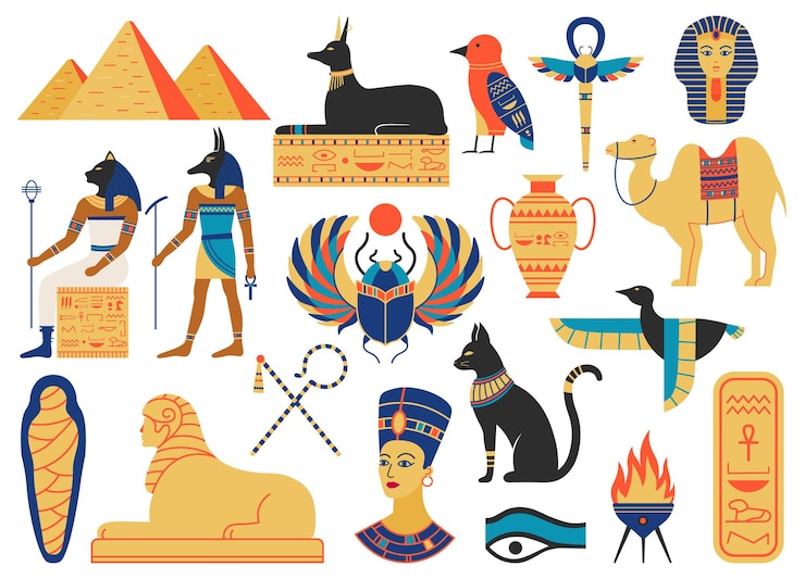 Vector símbolos del antiguo egipto. criaturas mitológicas, dioses egipcios, pirámides y animales sagrados