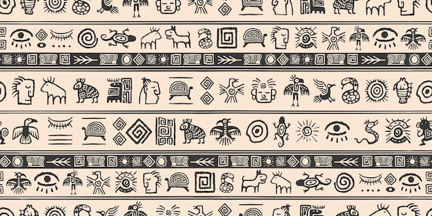 Símbolos antiguos maya de patrones sin fisuras dibujados a mano