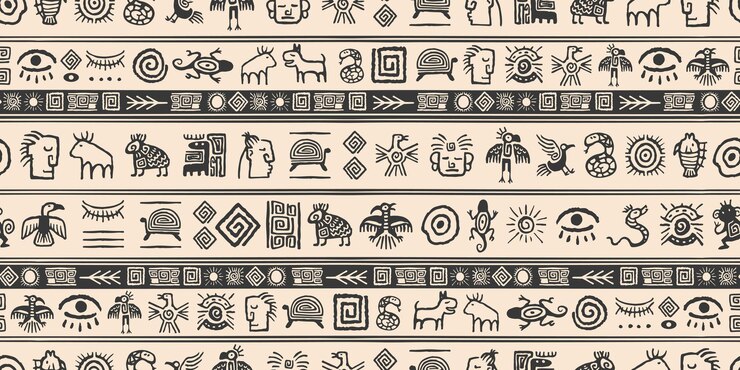 Símbolos antiguos maya de patrones sin fisuras dibujados a mano