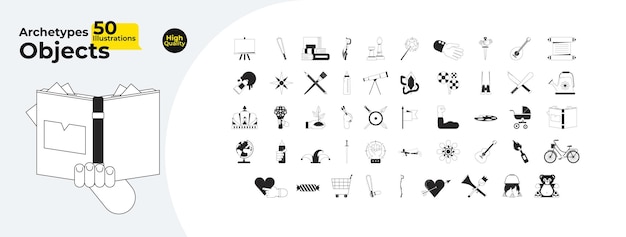 Símbolos arquetípicos en blanco y negro Línea 2D objetos de dibujos animados paquete