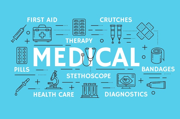 Símbolos de arte de línea delgada médica vectorial en cartel