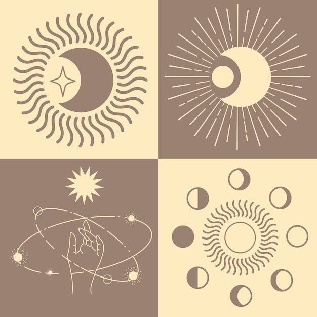 Símbolos astrológicos esotéricos Sol estrellas planetas luna media luna