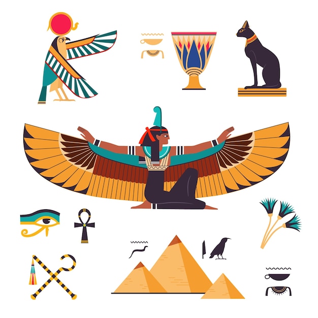 Símbolos y atributos de Egipto con la diosa Isis y el conjunto vectorial de la pirámide