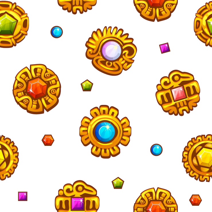 Vector símbolos aztecas de patrones sin fisuras con gemas preciosas de colores