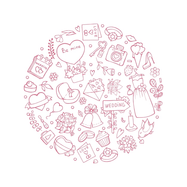 Símbolos de boda en forma de círculo. ilustraciones de boda