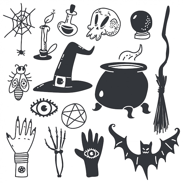 Símbolos de brujería para halloween. conjunto de iconos de dibujos animados mágicos aislado en blanco.