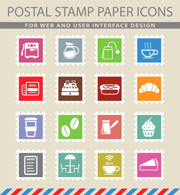 Símbolos de café en los iconos de papel de correo