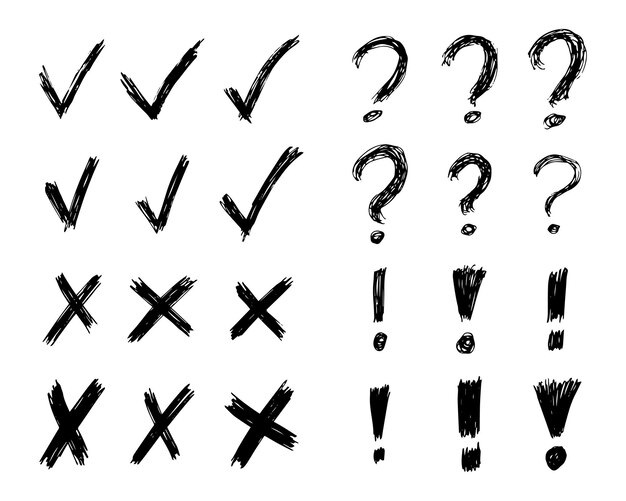 Símbolos de cheque, cruz, signo de interrogación y exclamación dibujados a mano. Conjunto de veinticuatro símbolos de dibujo negro. Ilustración vectorial