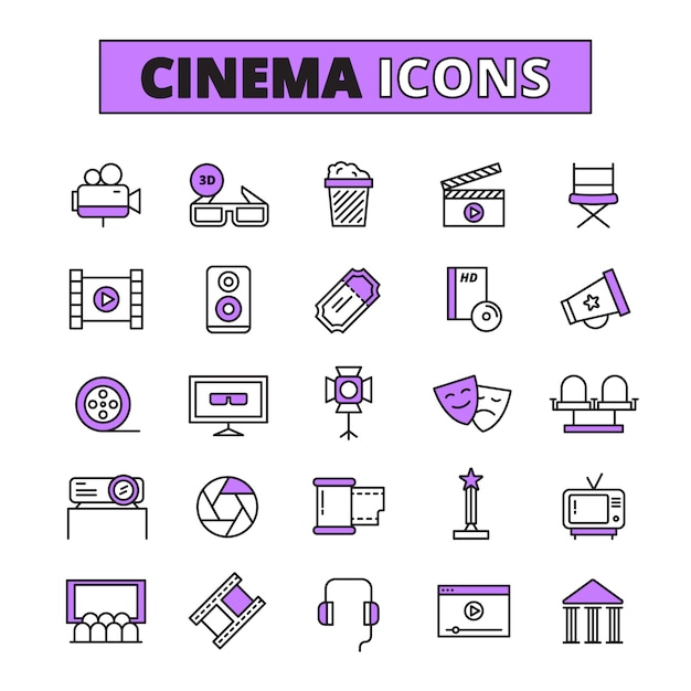 Símbolos de cine delineado conjunto de iconos