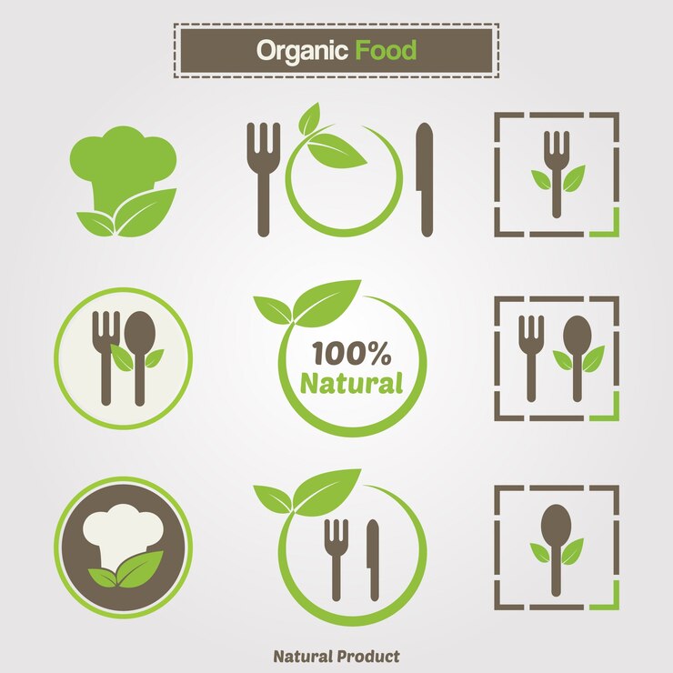 Símbolos de cocina orgánica. Plantilla de logotipo de restaurante con comida y sombrero de cocinero siluetas icono. Conjunto de colección de vectores para diseño plano de alimentos naturales orgánicos.