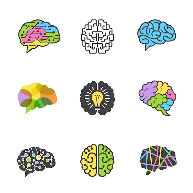 Símbolos de colores del cerebro Mente creativa genio idea inteligente diseño de imágenes vectoriales cerebrales para logotipos de negocios Educación y ciencia cerebro inteligente ilustración humana