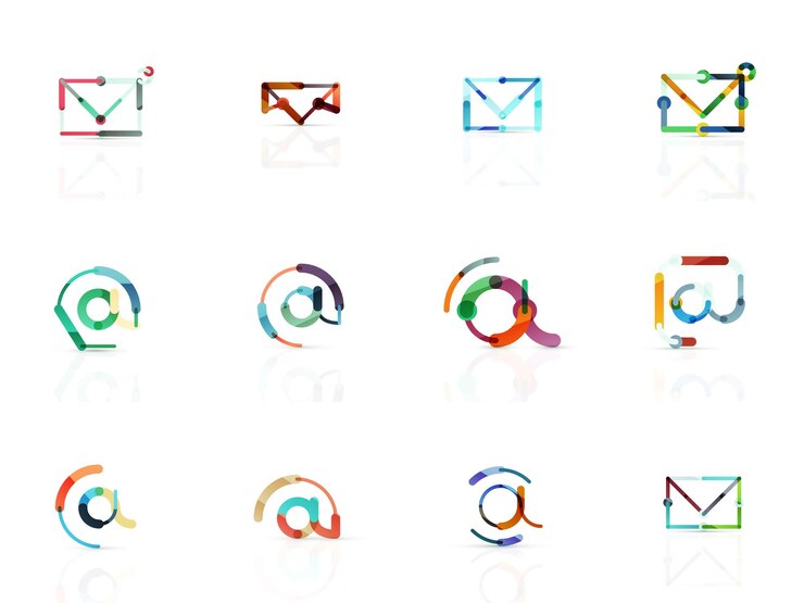 Vector símbolos comerciales de correo electrónico vectorial o conjunto de logotipos de signos colección de diseño de iconos planos minimalistas lineales