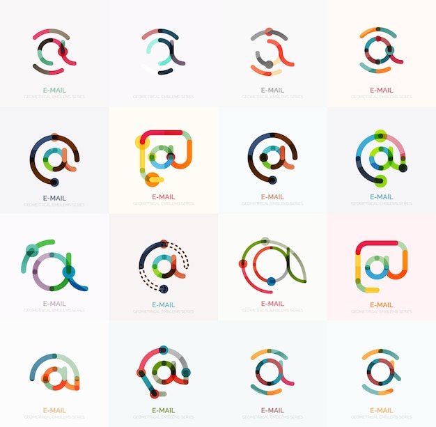 Símbolos comerciales de correo electrónico vectorial o en el conjunto de logotipos de signos. Iconos planos minimalistas lineales - colección conectada segmentos multicolores de líneas