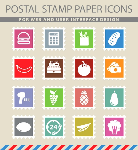 Vector símbolos de comestibles en los iconos de papel de correo