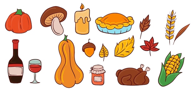 Símbolos de la comida de Acción de Gracias icono pastel de calabaza pavo maíz otoño artículos temáticos reunión familiar comida festiva de vacaciones cosecha de otoño celebración acogedora