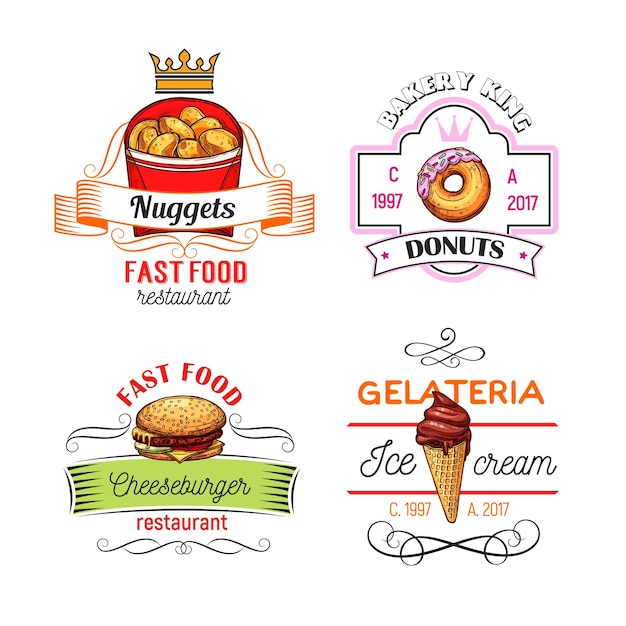 Símbolos de comida rápida con donut de hamburguesa y helado