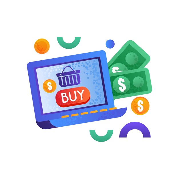 Símbolos de compras en línea dinero y computadora portátil concepto de comercio electrónico ilustración vectorial en un blanco