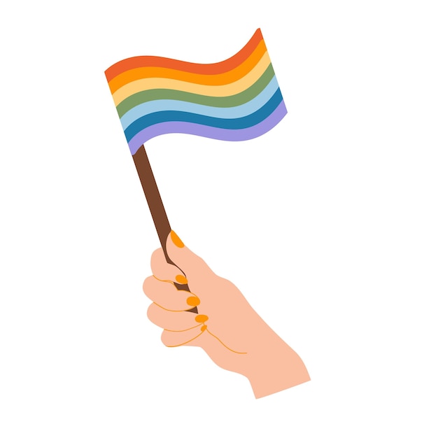 Símbolos de la comunidad lgbtq vibraciones del mes del orgullo retro mano sosteniendo la bandera del arco iris