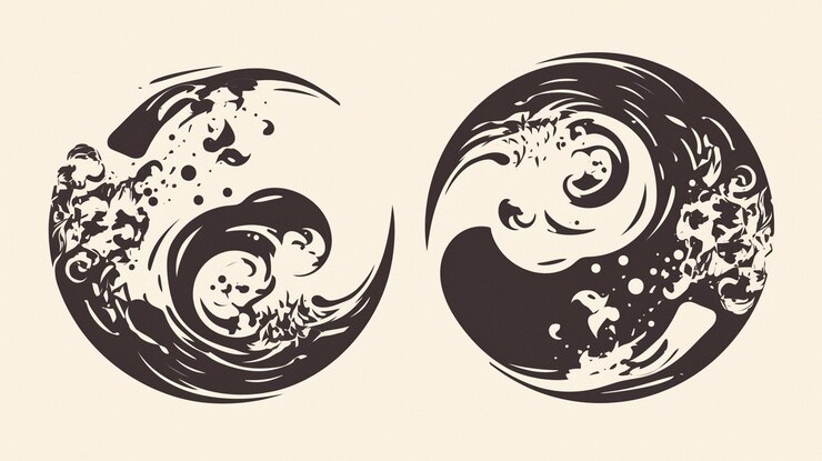 Vector símbolos coreanos de taeguk con elementos de yinyang