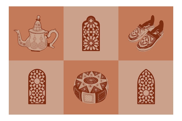 Símbolos culturales marroquíes SET Colección de viajes de Marruecos de iconos Vector ilustración aislada