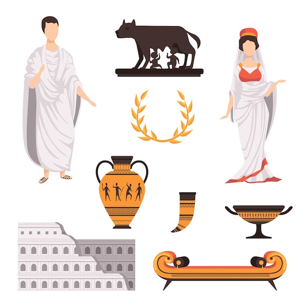 Símbolos culturales tradicionales de la antigua Roma establecidos por vectores Ilustraciones aisladas sobre un fondo blanco