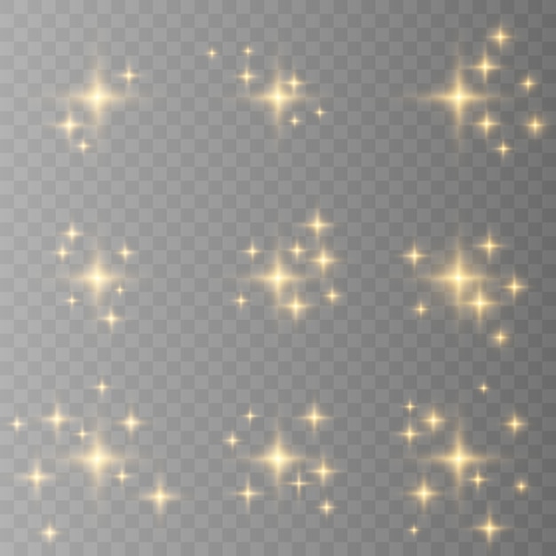 Símbolos de destellos amarillos, blancos, dorados, naranjas. El conjunto de estrellas originales brillan icono. Fuegos artificiales brillantes, brillo de decoración, destello brillante.